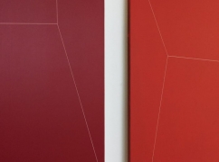 Two paintings side by side. The left hand side painting is a block colour of burgundy with thin white lines, the painting on the right hand side is a lighter red with thin white lines.