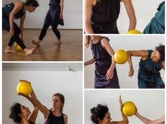 A collated series of photographs of two people interacting with a yellow ball between them.