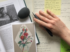 Image shows a white person’s hand holding a pen over a notebook page covered in writing and post-it notes. Covering the left side of the page is a book, open on an image of hands prising apart a crack in a rock. Over the top of the book is a postcard of a drawing of flowers, and a small round grey pebble.