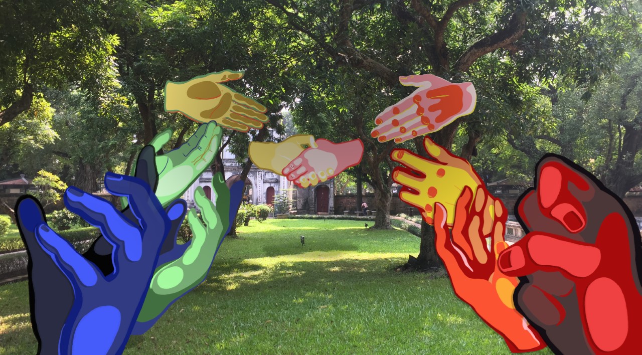 Trees and grass in a garden overlaid with colourful graphic hands using augmented reality.